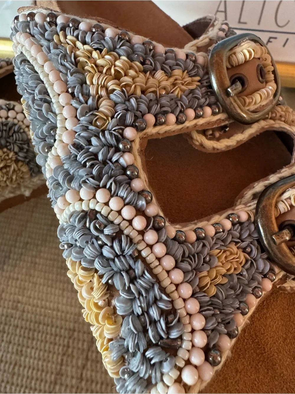 House of Harlow 1960 Beaded Double Buckle Slide Sandals Size 7.5
